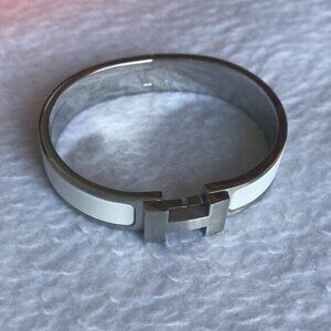 New Hermes White Enamel Matte Silver Grey Titanium Steel Bracelet Small
